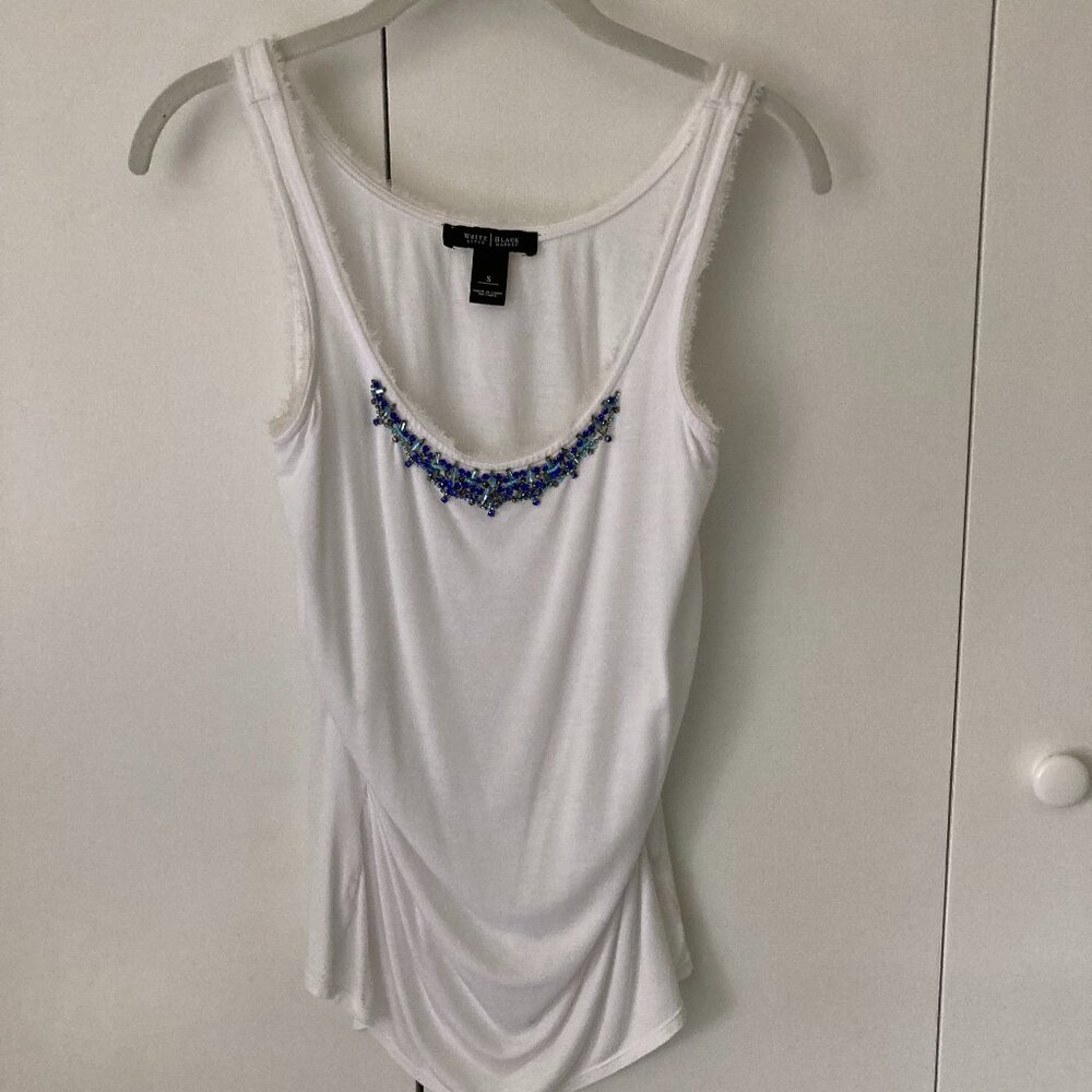 White Sleeveless top with Gemstone Neckline in vibrant blue stones and beads